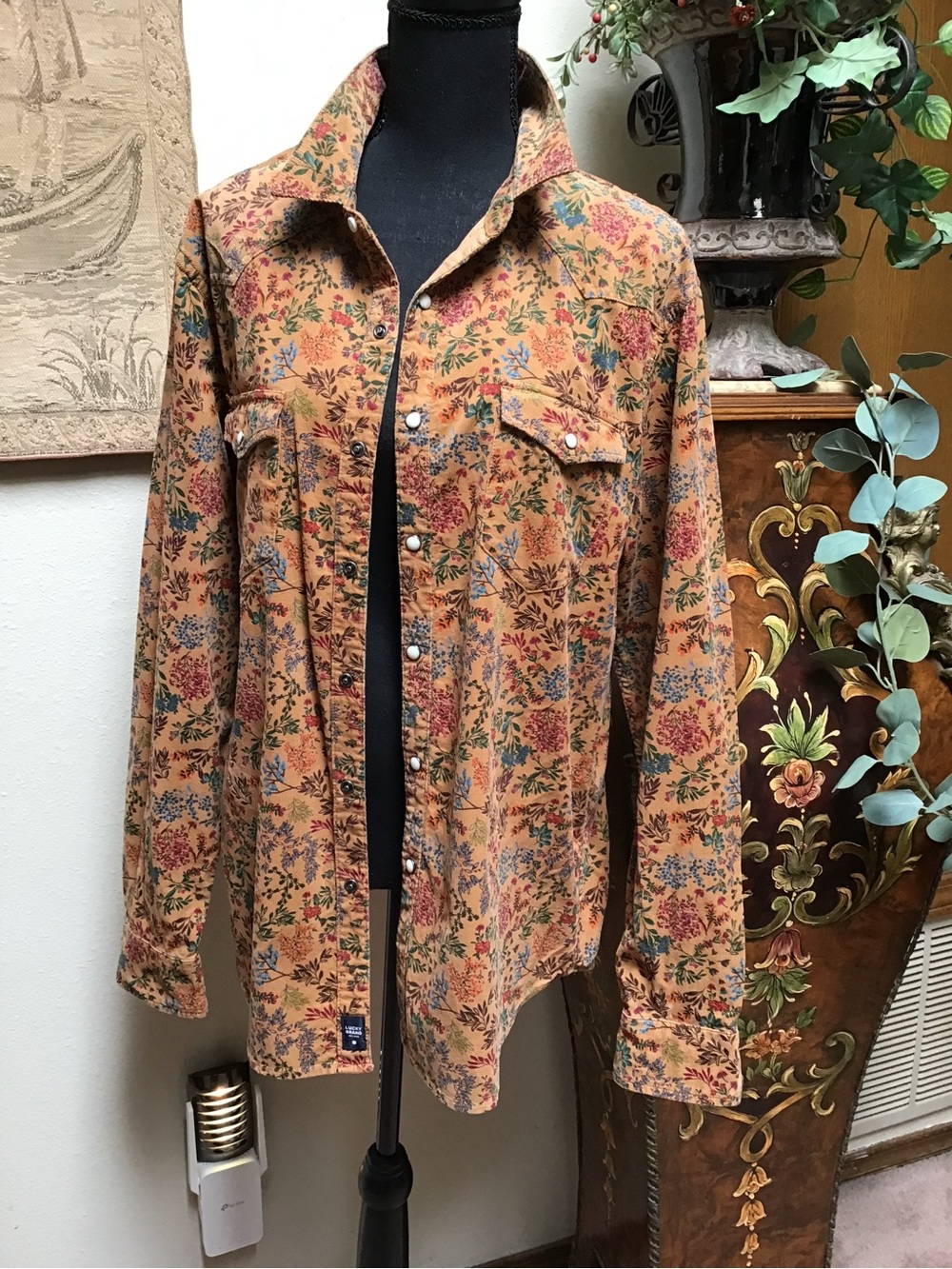 Lucky Brand Tan Floral Button-Down Western Shirt